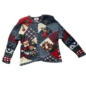 Y2K Tiara International Patchwork Christmas Cardigan XL Teddy Bear Grandmacore